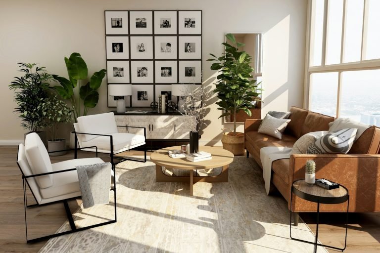 Living room with leather sofa and plants