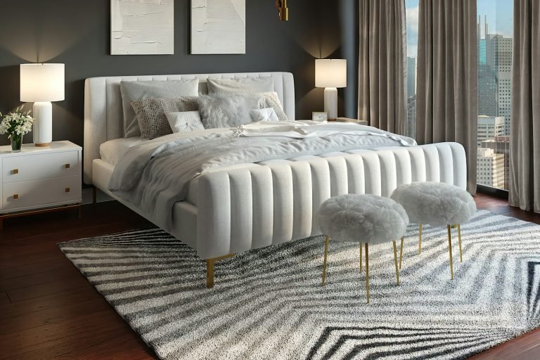 Bedroom with tufted bed and patterned rug