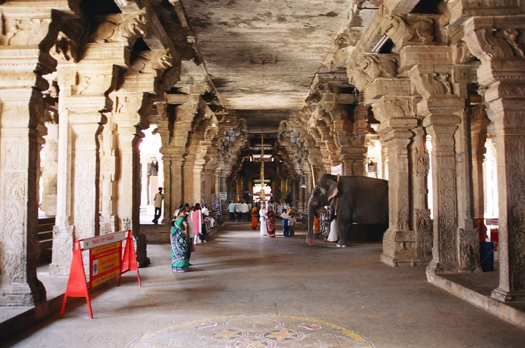 Stone-pillared corridor of Srirangam temple in Trichy